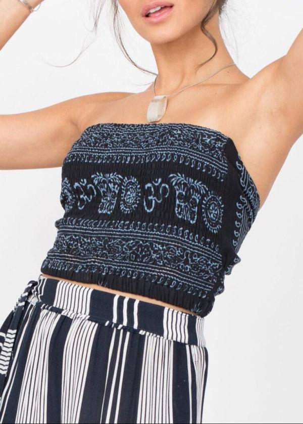 likemary Bandeau Boob Tube Top Black Om Print