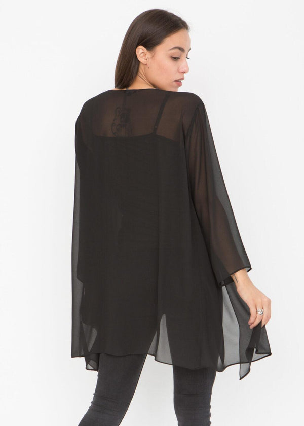 Likemary Elegant Sheer Longline Cardigan Black