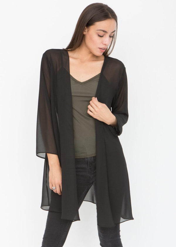 Likemary Elegant Sheer Longline Cardigan Black