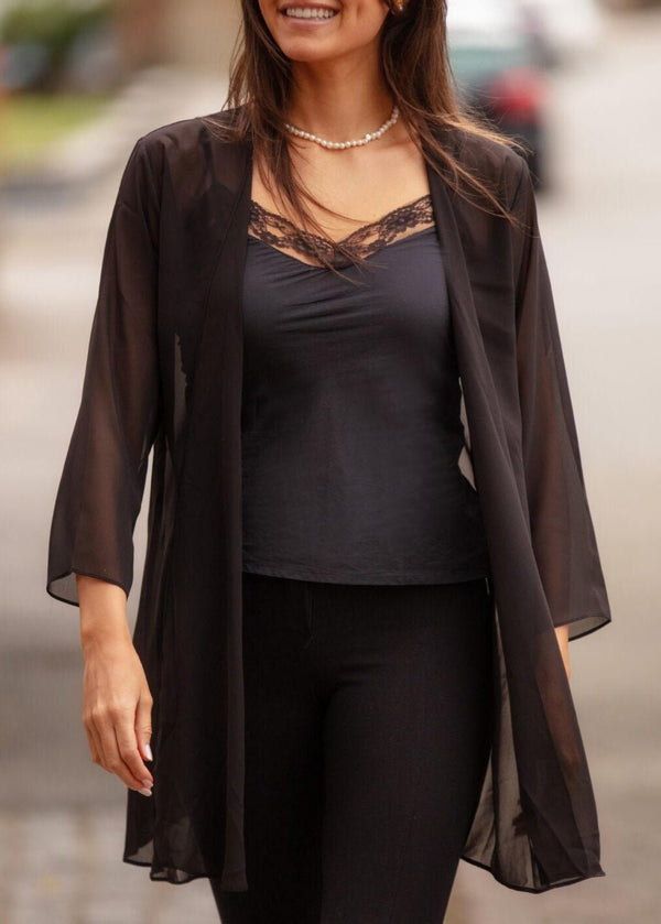 likemary Elegant Sheer Longline Cardigan Black
