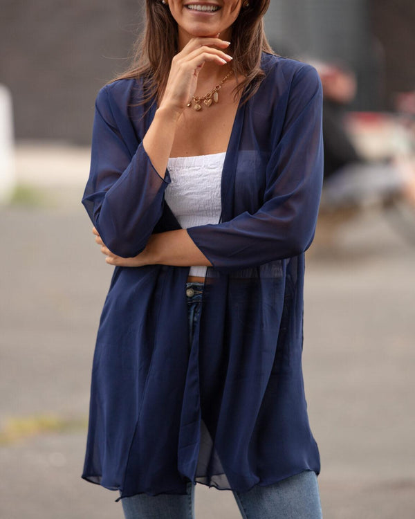 Likemary Elegant Sheer Longline Cardigan Blue