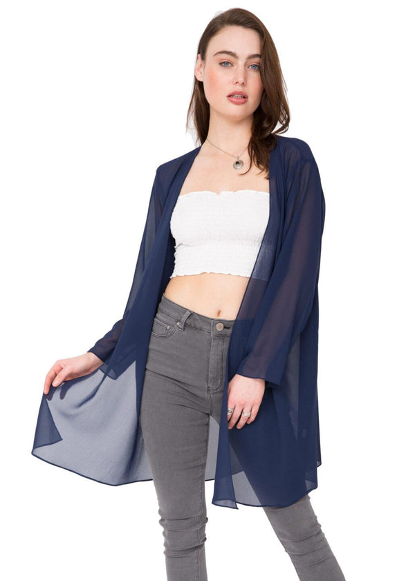 Likemary Elegant Sheer Longline Cardigan Blue
