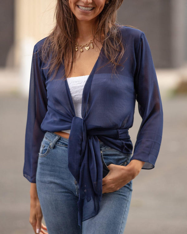 likemary Elegant Sheer Longline Cardigan Blue