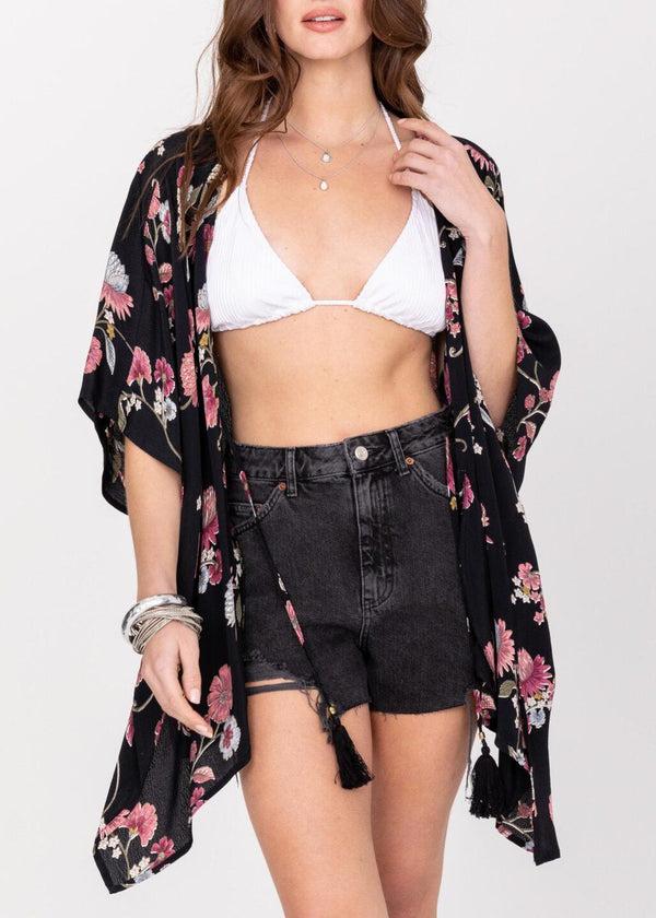Likemary Floaty Kimono Cover Up In Black Floral