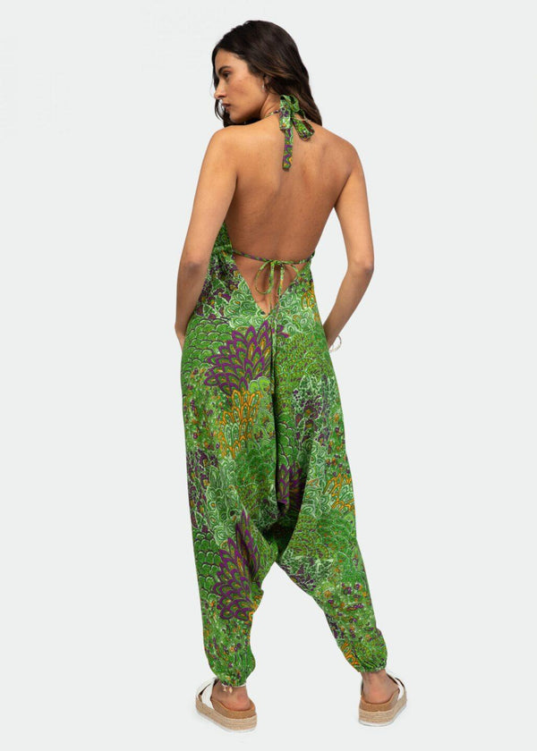 Likemary Halter Harem Jumpsuit Peacock Print Green