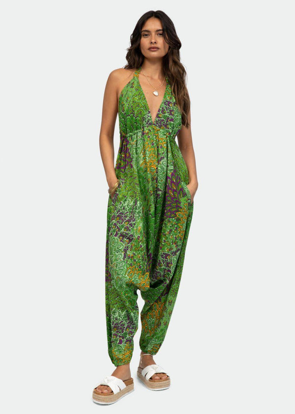 Likemary Halter Harem Jumpsuit Peacock Print Green