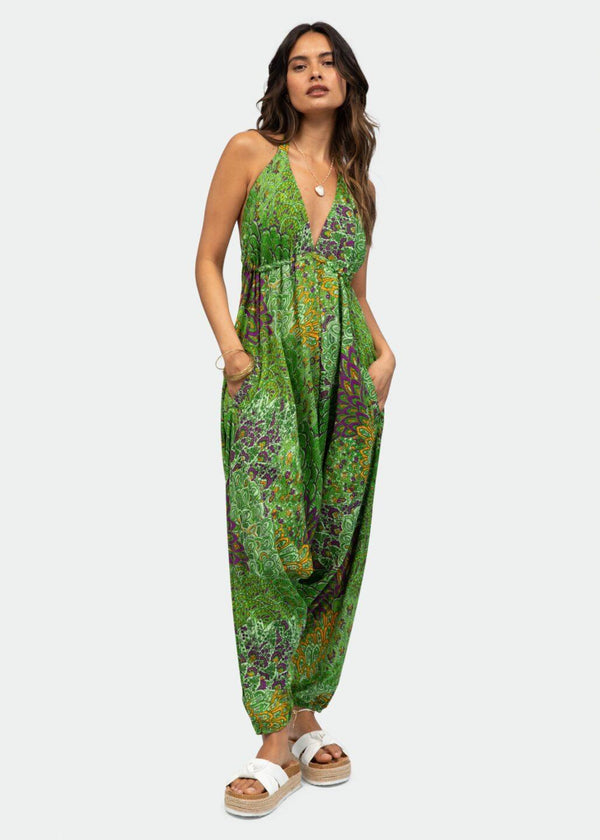 likemary Halter Harem Jumpsuit Peacock Print Green