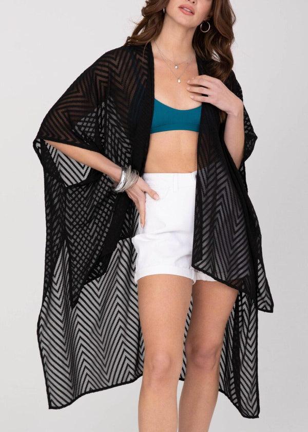 Likemary High-Low Sheer Zig-Zag Kimono In Black