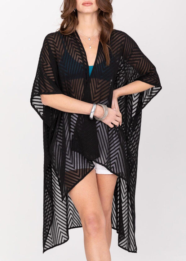 likemary High-Low Sheer Zig-Zag Kimono in Black