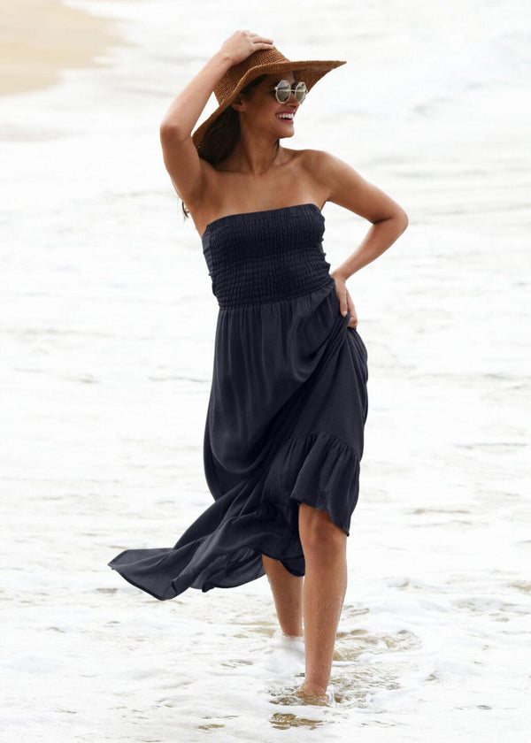 likemary Maxi Dress Bandeau Tie Back Navy Blue