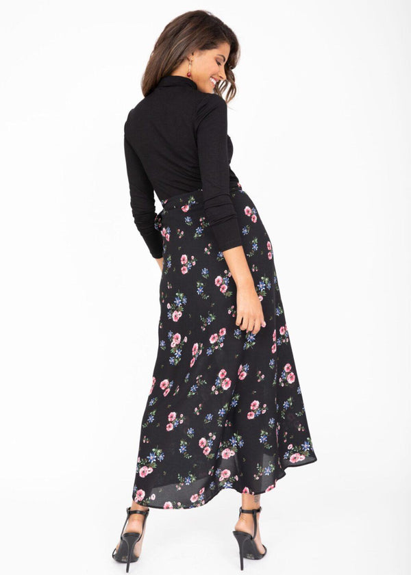 Likemary Maxi Wrap Skirt Black Floral Print