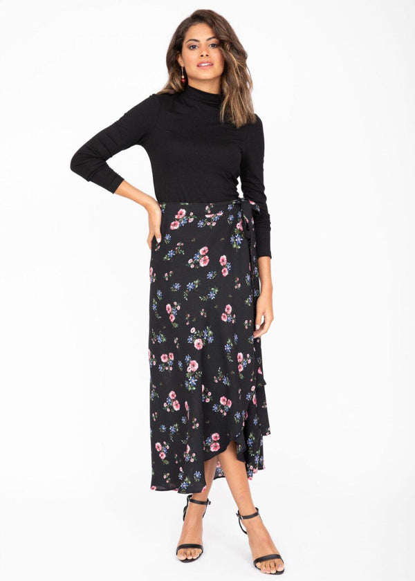 Likemary Maxi Wrap Skirt Black Floral Print