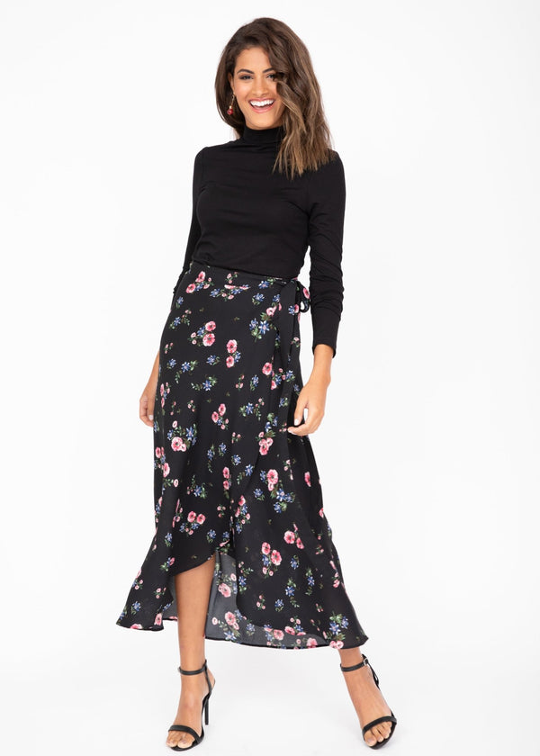 likemary Maxi Wrap Skirt Black Floral Print