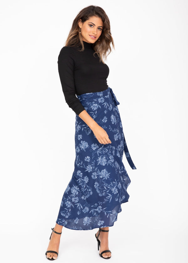 likemary Maxi Wrap Skirt Blue Floral Print