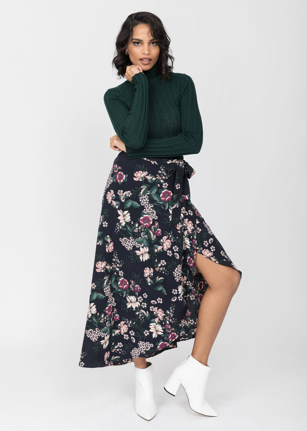 likemary Maxi Wrap Skirt in Midnight Floral Black