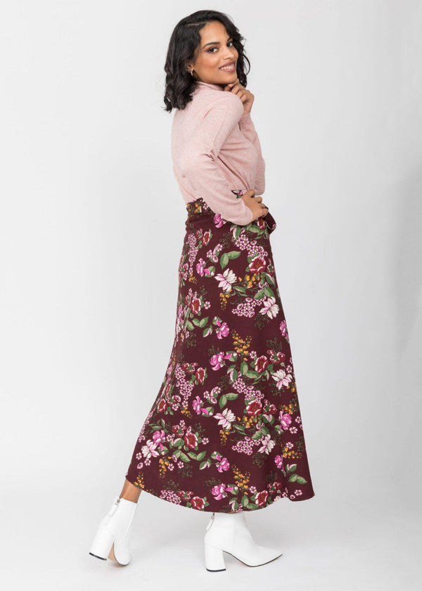 Likemary Maxi Wrap Skirt In Pink Floral Burgundy