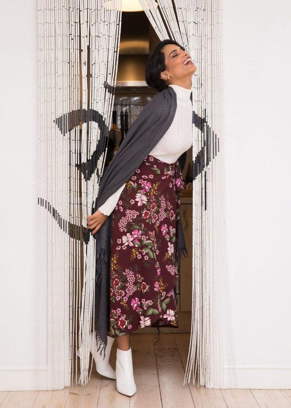 Likemary Maxi Wrap Skirt In Pink Floral Burgundy