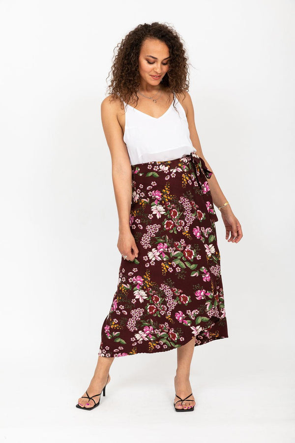 Likemary Maxi Wrap Skirt In Pink Floral Burgundy
