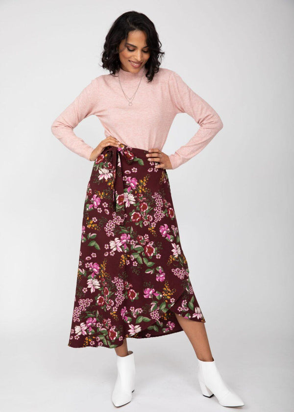 likemary Maxi Wrap Skirt in Pink Floral Burgundy
