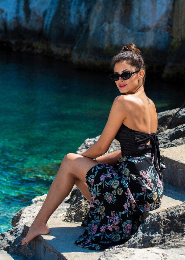 Likemary Maxi Wrap Skirt Roses Floral Print Black