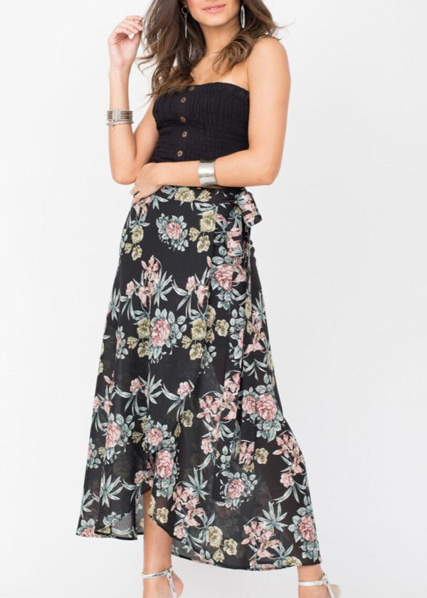 Likemary Maxi Wrap Skirt Roses Floral Print Black