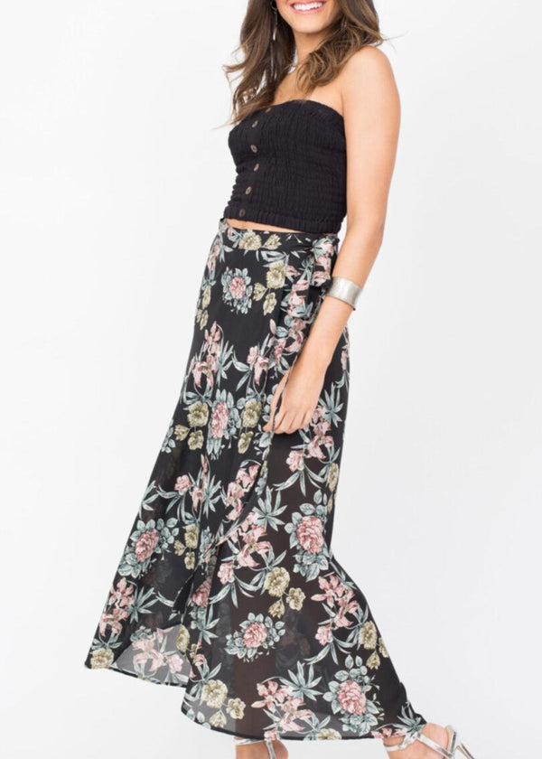 Likemary Maxi Wrap Skirt Roses Floral Print Black