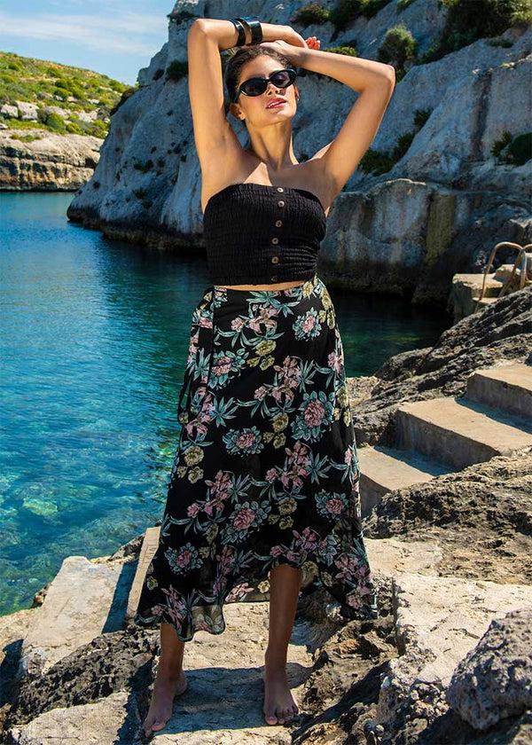 likemary Maxi Wrap Skirt Roses Floral Print Black