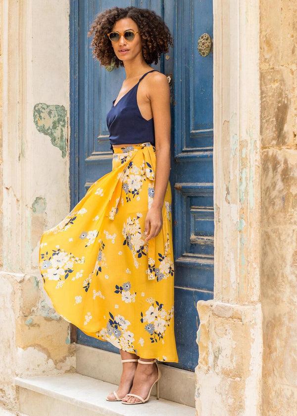 likemary Maxi Wrap Skirt Yellow Floral Print