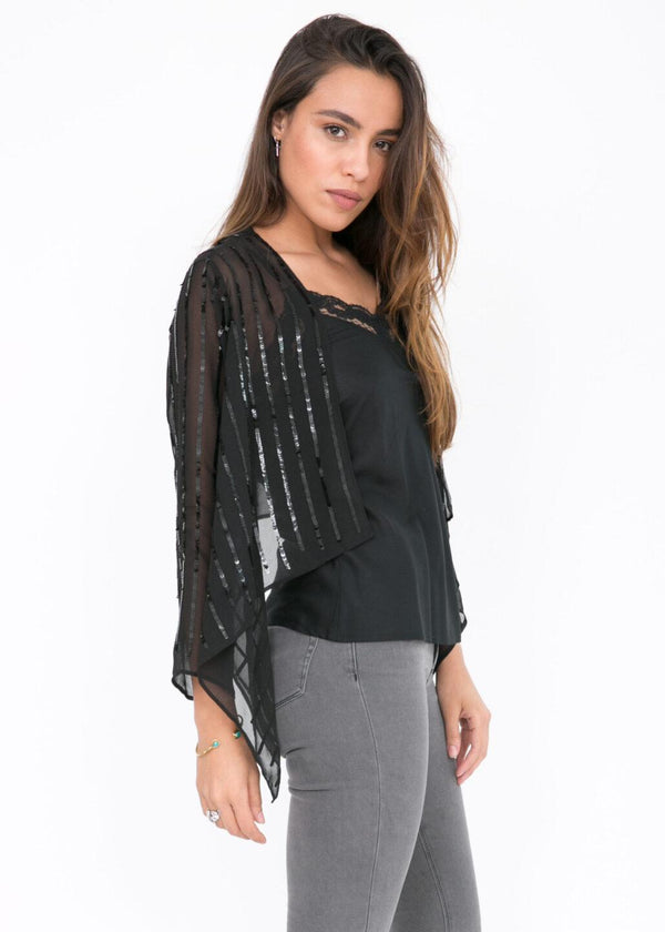 Likemary Sheer Chiffon Sequins Shrug Bolero Black