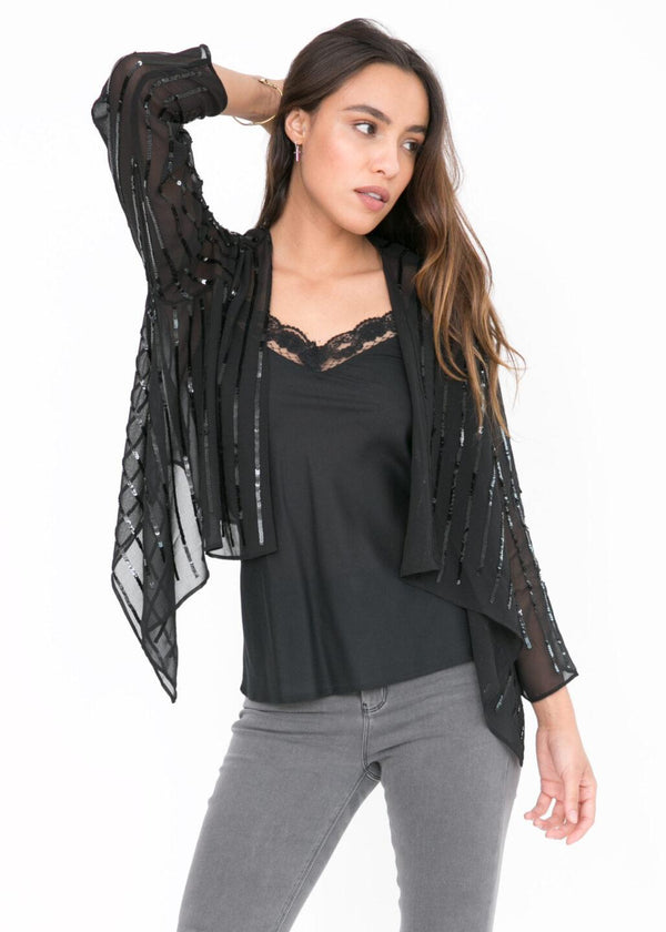 likemary Sheer Chiffon Sequins Shrug Bolero Black