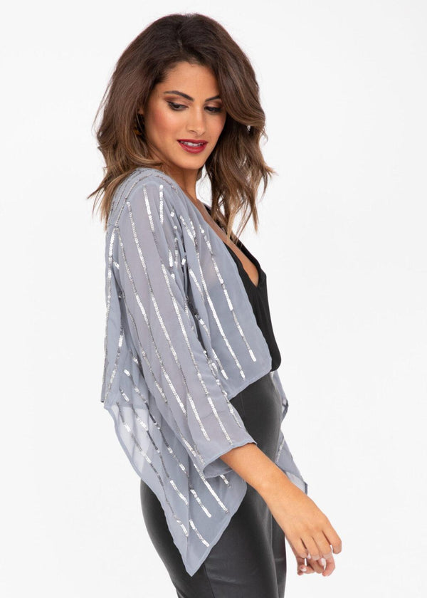 Likemary Sheer Chiffon Sequins Shrug Bolero Silver