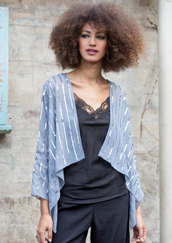 likemary Sheer Chiffon Sequins Shrug Bolero Silver