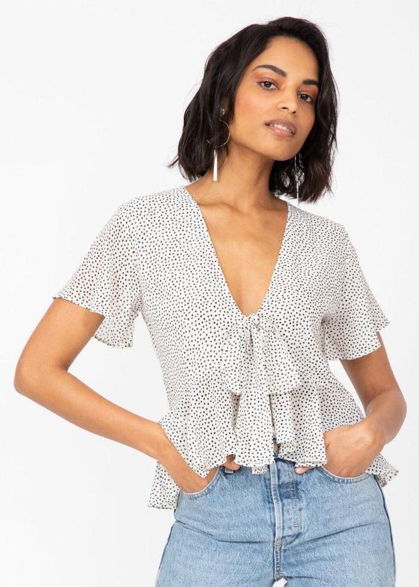 likemary White Polka Dot Butterfly Sleeve Top