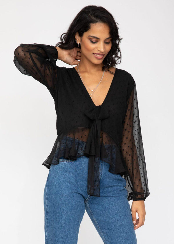 likemary Long Puff Sheer Sleeve Butterfly Top In Black
