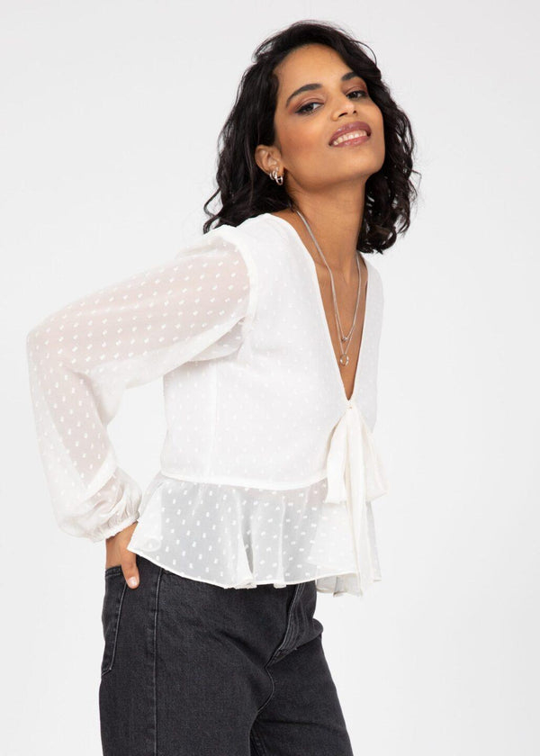 likemary Long Puff Sleeve Butterfly Top In Ivory White
