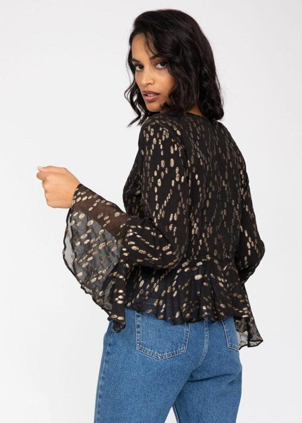 Likemary Long Trumpet Sleeve Butterfly Top In Black And Gold