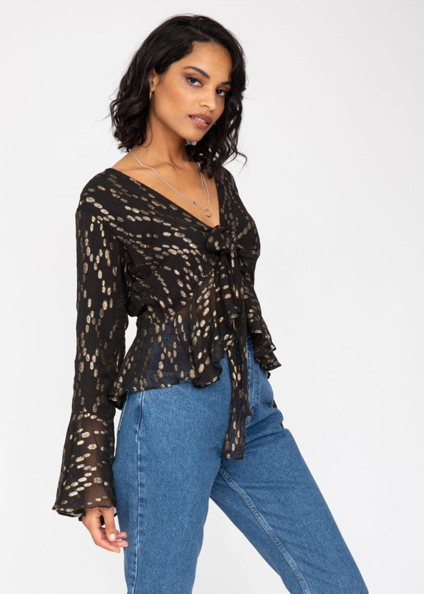 Likemary Long Trumpet Sleeve Butterfly Top In Black And Gold