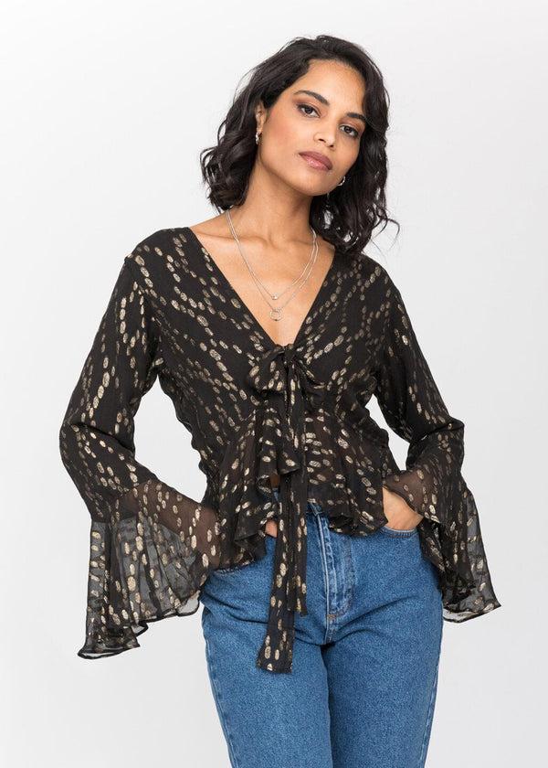Likemary Long Trumpet Sleeve Butterfly Top In Black And Gold