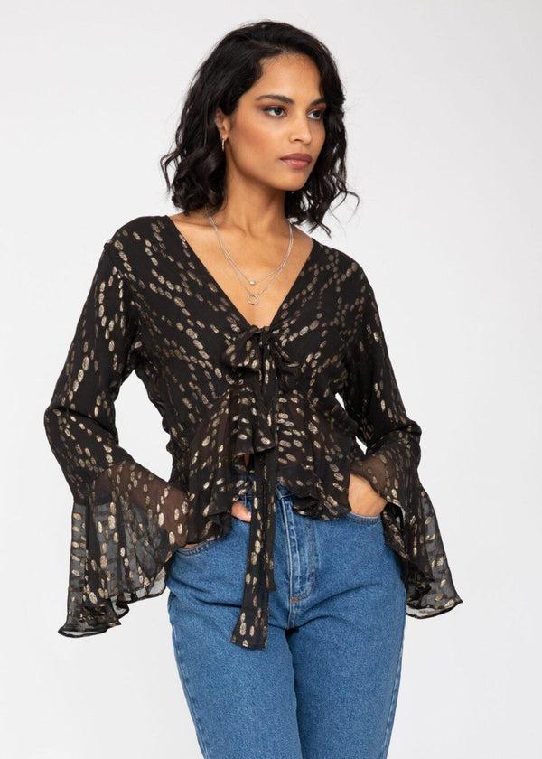 likemary Long Trumpet Sleeve Butterfly Top In Black and Gold