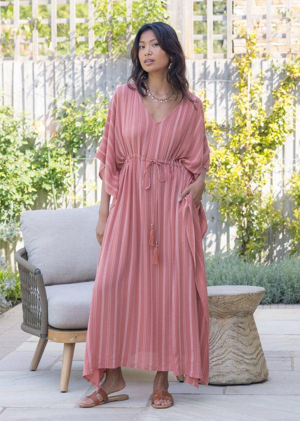 Likemary Maxi Kaftan Dress With Pockets In Coral Pink Stripes