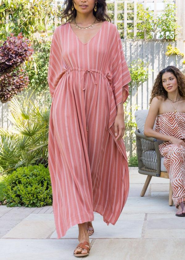 Likemary Maxi Kaftan Dress With Pockets In Coral Pink Stripes