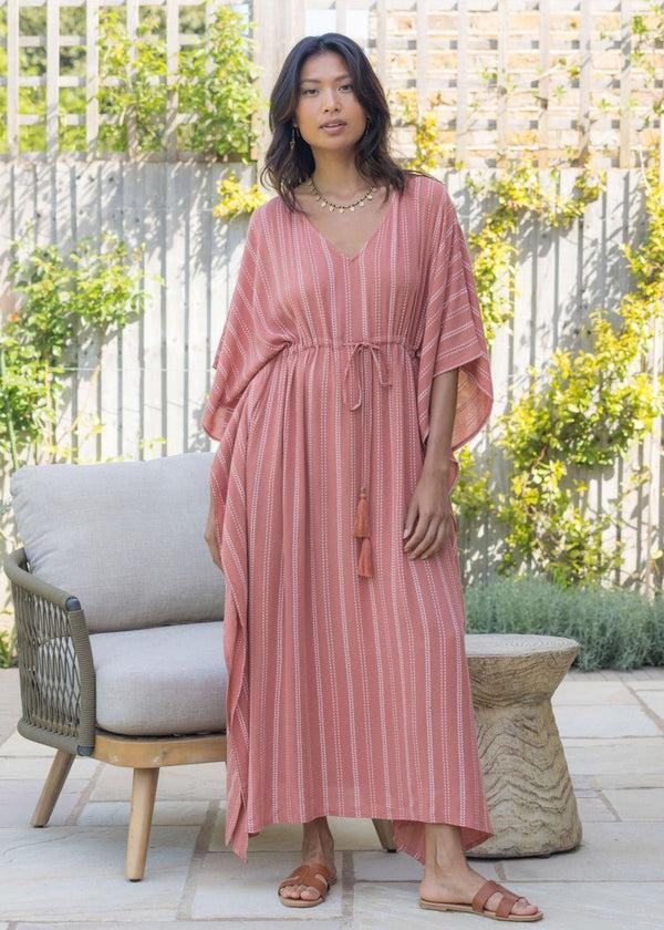 likemary Maxi Kaftan Dress with Pockets in Coral Pink Stripes
