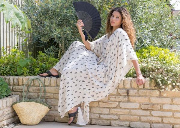 Likemary Maxi Kaftan Dress With Pockets In Cream & Ikat Motif