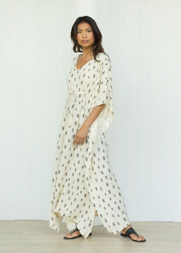 Likemary Maxi Kaftan Dress With Pockets In Cream & Ikat Motif
