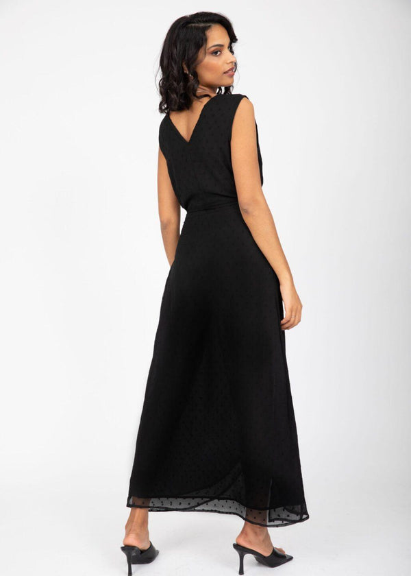 Likemary Maxi Wrap Dress With Side Slits In Swiss Dot Black