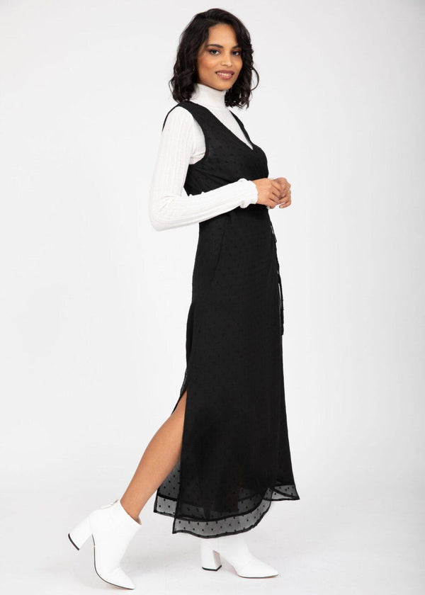 Likemary Maxi Wrap Dress With Side Slits In Swiss Dot Black