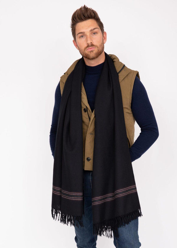 Likemary Men's Black Merino Wool Scarf - Oversized Scarf With Border