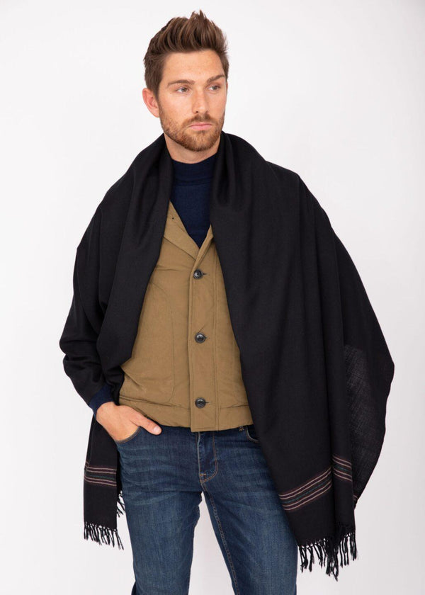 Likemary Men's Black Merino Wool Scarf - Oversized Scarf With Border