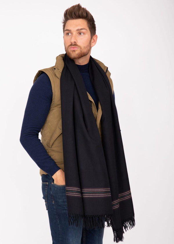 likemary Men's Black Merino Wool Scarf - Oversized Scarf with Border