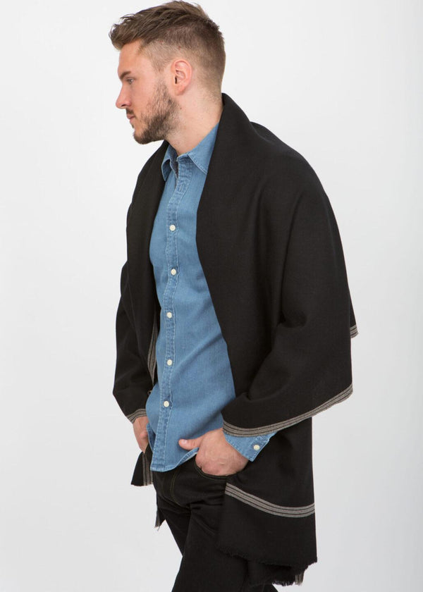 Likemary Men’s Black Merino Wool Scarf With Border Detail